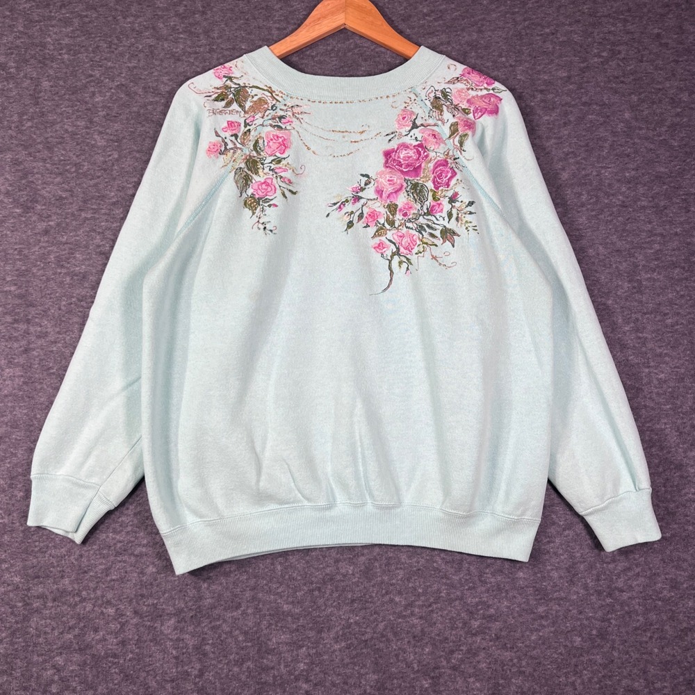 Vintage Hand Painted Floral Rose Mint Green Sweatshirt Gold Glitter‎ Raglan L
